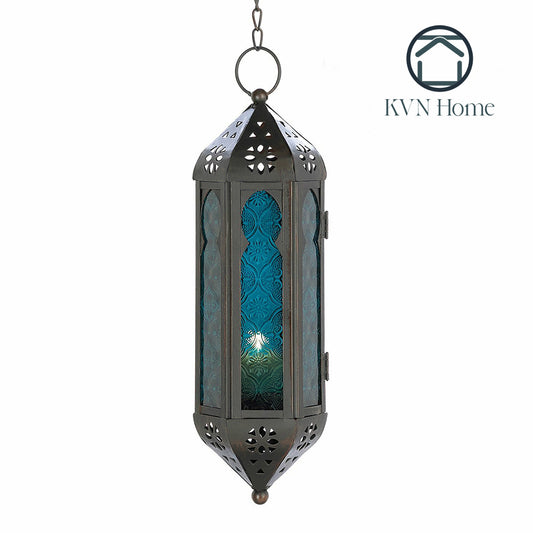 KVN Home - Blue Glass Moroccan Hanging Candle Lantern
