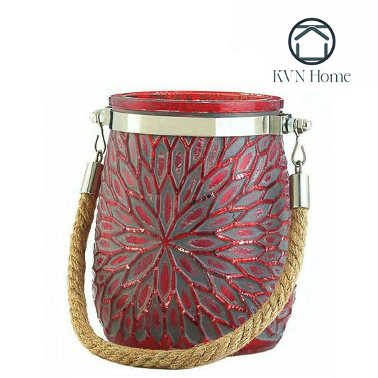 KVN Home - Flower Candle Holder with Rope Handle - Red
