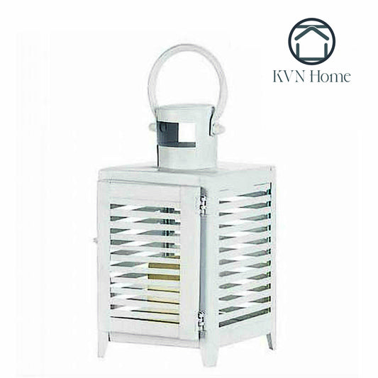 KVN Home - White Slatted Candle Lantern - 12 inches