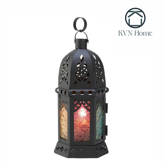 KVN Home - Moroccan Candle Lantern with Multi-Color Glass Panels - 10.5 inches